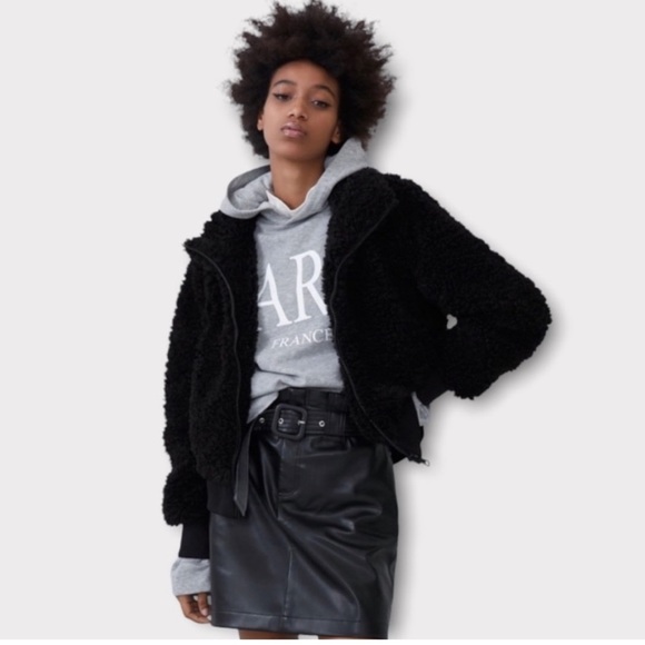 NWT Zara Black Sherpa Full Zip Fleece Bomber Jacket Size S - Picture 6 of 13